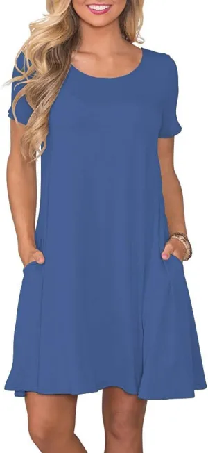 WNEEDU Women's Summer Casual T Shirt Dresses Short Sleeve Swing Dress with Pockets