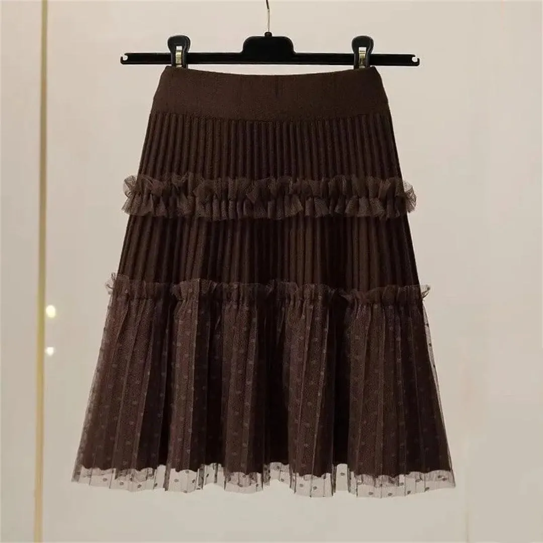 Woman A-Line Short Skirts Autumn Winter High Waist Pleated Lace Mini Skirt