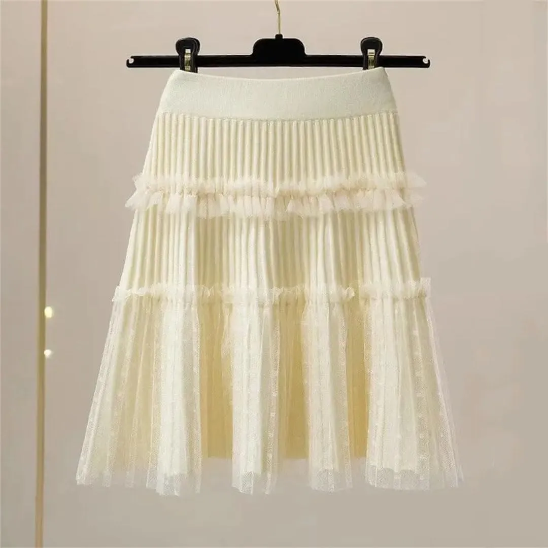Woman A-Line Short Skirts Autumn Winter High Waist Pleated Lace Mini Skirt