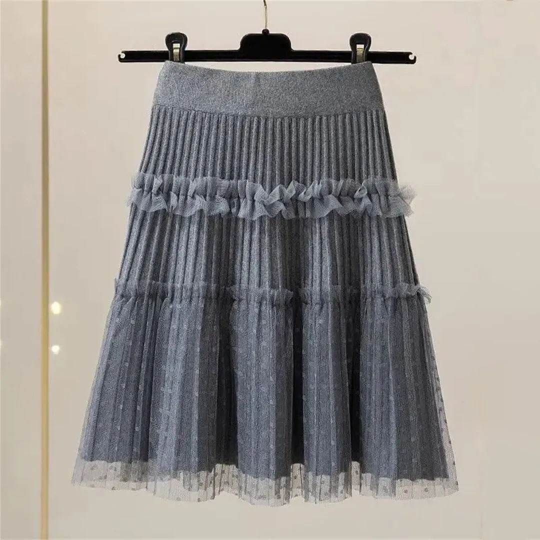 Woman A-Line Short Skirts Autumn Winter High Waist Pleated Lace Mini Skirt