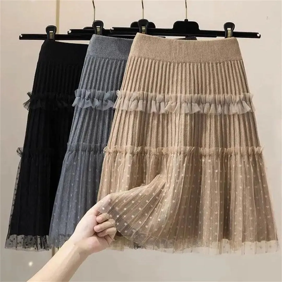 Woman A-Line Short Skirts Autumn Winter High Waist Pleated Lace Mini Skirt