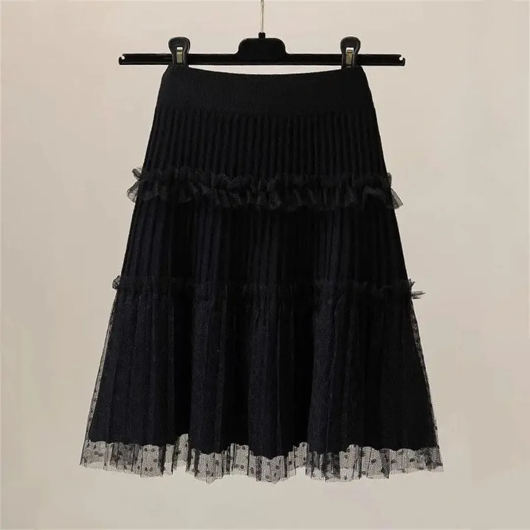 Woman A-Line Short Skirts Autumn Winter High Waist Pleated Lace Mini Skirt