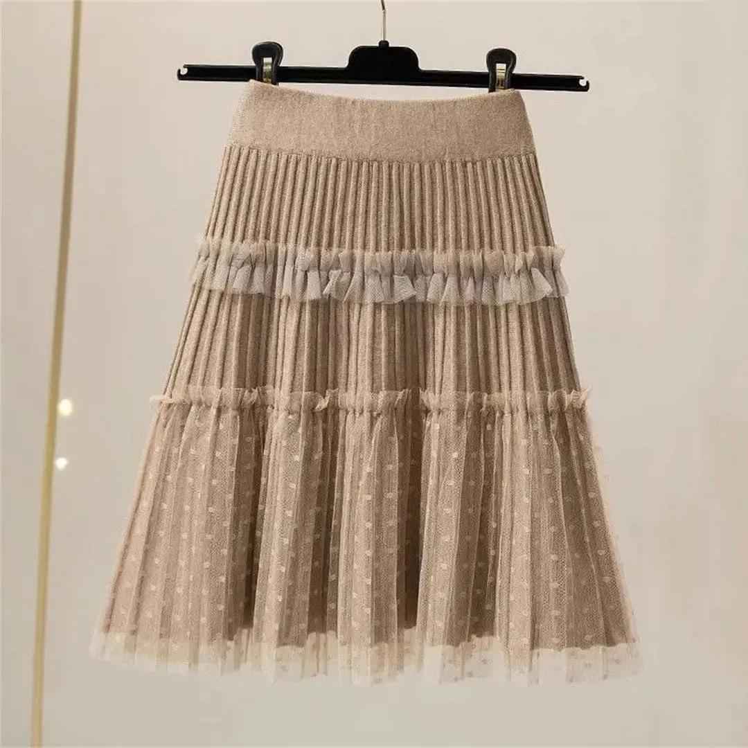 Woman A-Line Short Skirts Autumn Winter High Waist Pleated Lace Mini Skirt