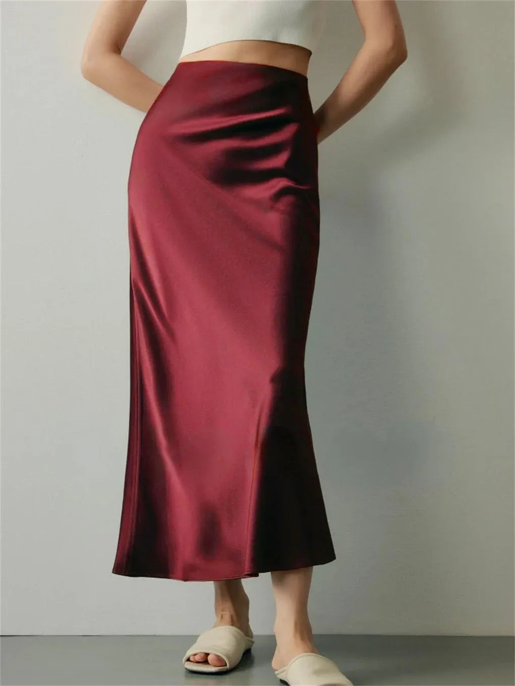 Woman Elastic High Waist Satin Fishtail Skirts Slim Long Dresses