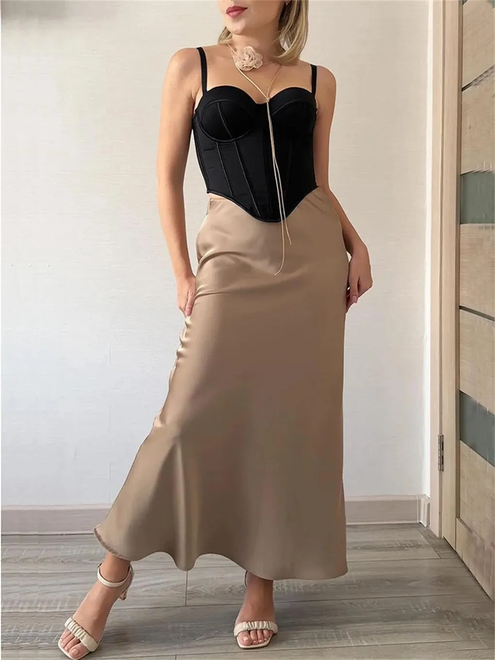 Woman Elastic High Waist Satin Fishtail Skirts Slim Long Dresses