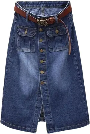 Women Front Split Denim Sheath Skirts Single-Breasted Button High Waist Pencil Solid Denim Skirt