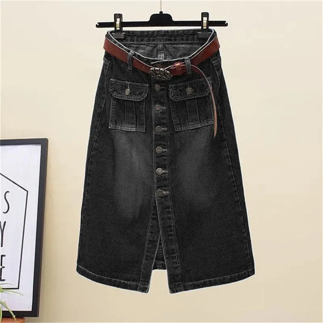 Women Front Split Denim Sheath Skirts Single-Breasted Button High Waist Pencil Solid Denim Skirt
