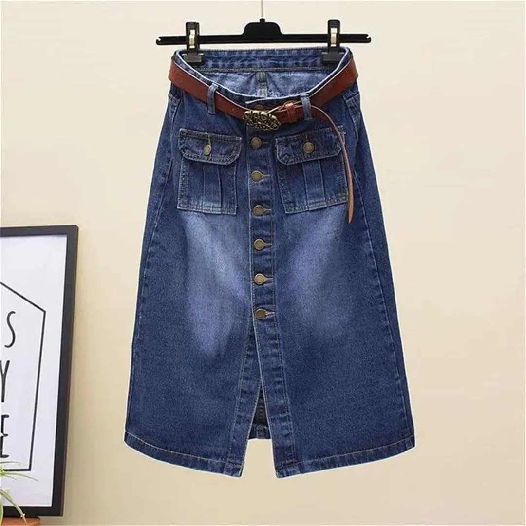 Women Front Split Denim Sheath Skirts Single-Breasted Button High Waist Pencil Solid Denim Skirt
