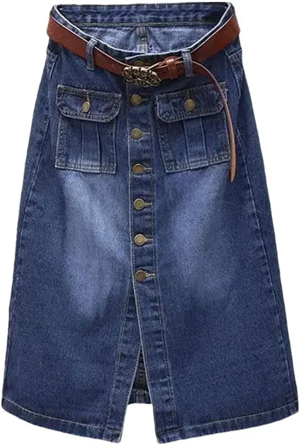 Women Front Split Denim Sheath Skirts Single-Breasted Button High Waist Pencil Solid Denim Skirt