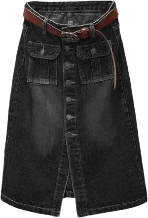 Women Front Split Denim Sheath Skirts Single-Breasted Button High Waist Pencil Solid Denim Skirt