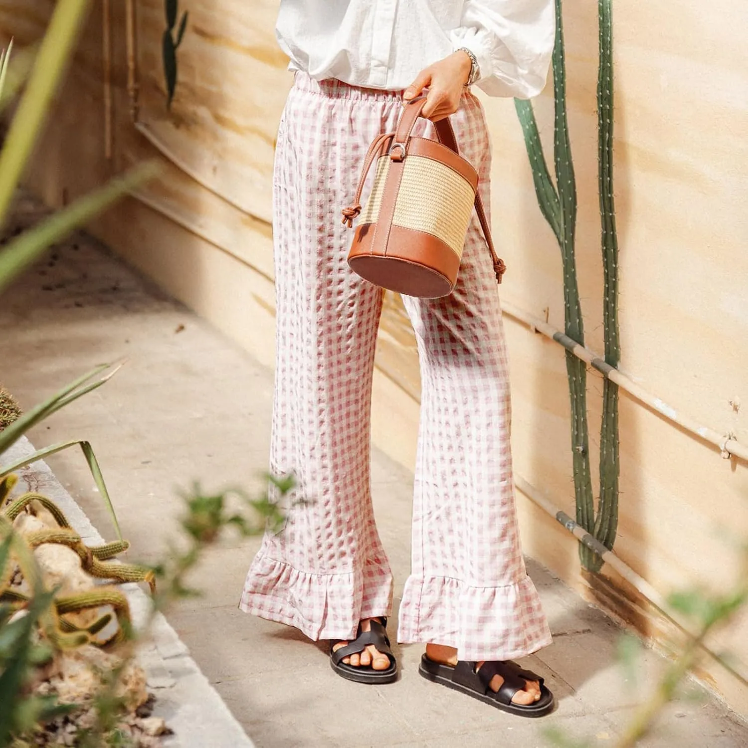 Women Gingham Pants Ruffle Hem Wide Leg Flowy Pants Checkered Trousers Plaid Pj Pants Y2k Going Out Bottoms