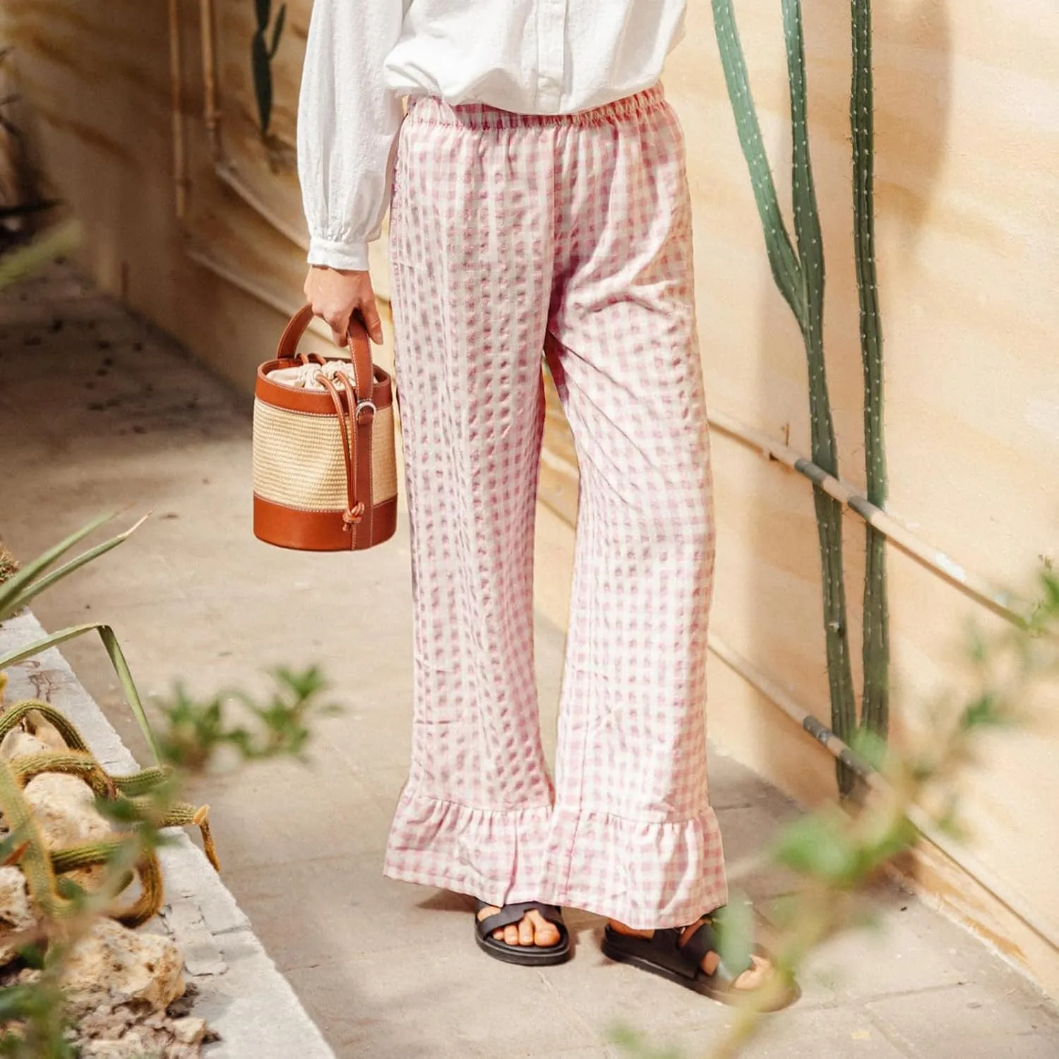 Women Gingham Pants Ruffle Hem Wide Leg Flowy Pants Checkered Trousers Plaid Pj Pants Y2k Going Out Bottoms