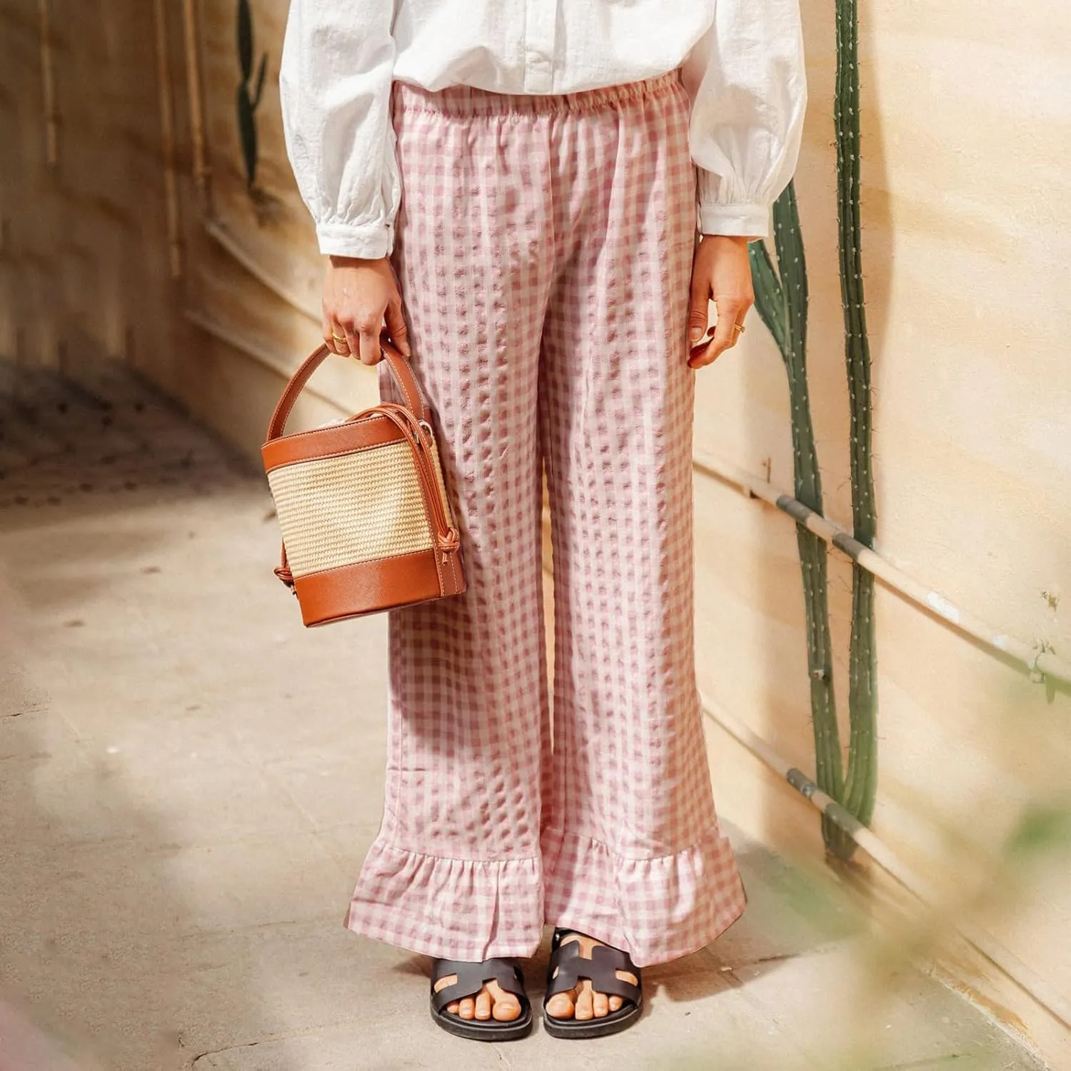 Women Gingham Pants Ruffle Hem Wide Leg Flowy Pants Checkered Trousers Plaid Pj Pants Y2k Going Out Bottoms
