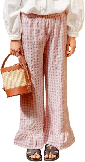 Women Gingham Pants Ruffle Hem Wide Leg Flowy Pants Checkered Trousers Plaid Pj Pants Y2k Going Out Bottoms