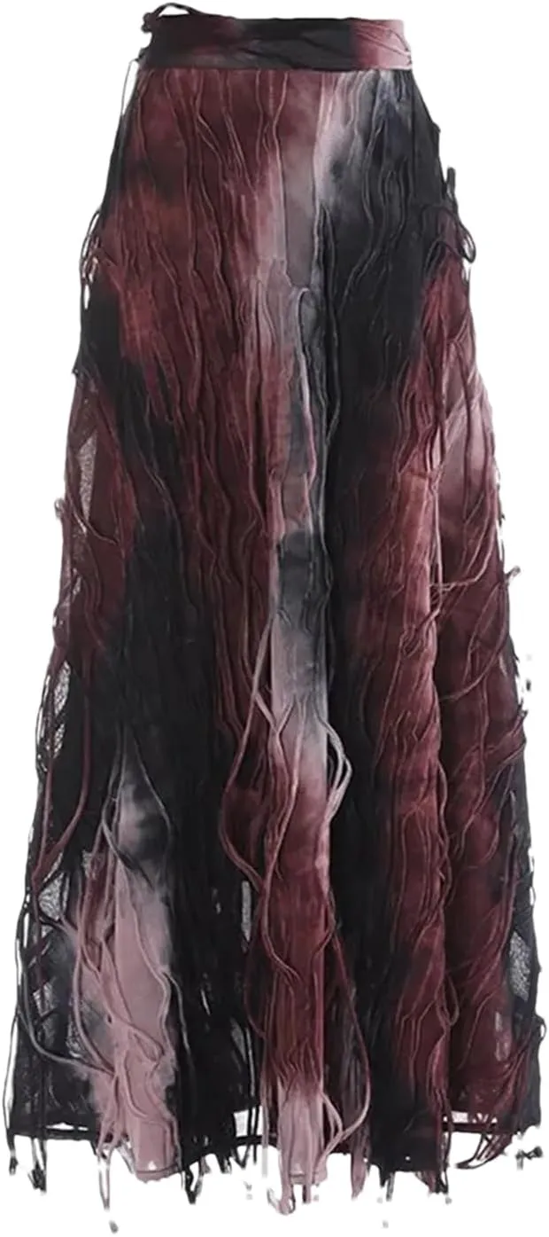 Women Gradient Tie Dye Long Skirt Retro A-Line Tassel Umbrella Skirts Party Wedding Clothing