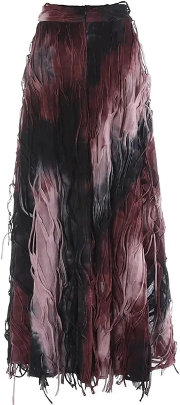 Women Gradient Tie Dye Long Skirt Retro A-Line Tassel Umbrella Skirts Party Wedding Clothing