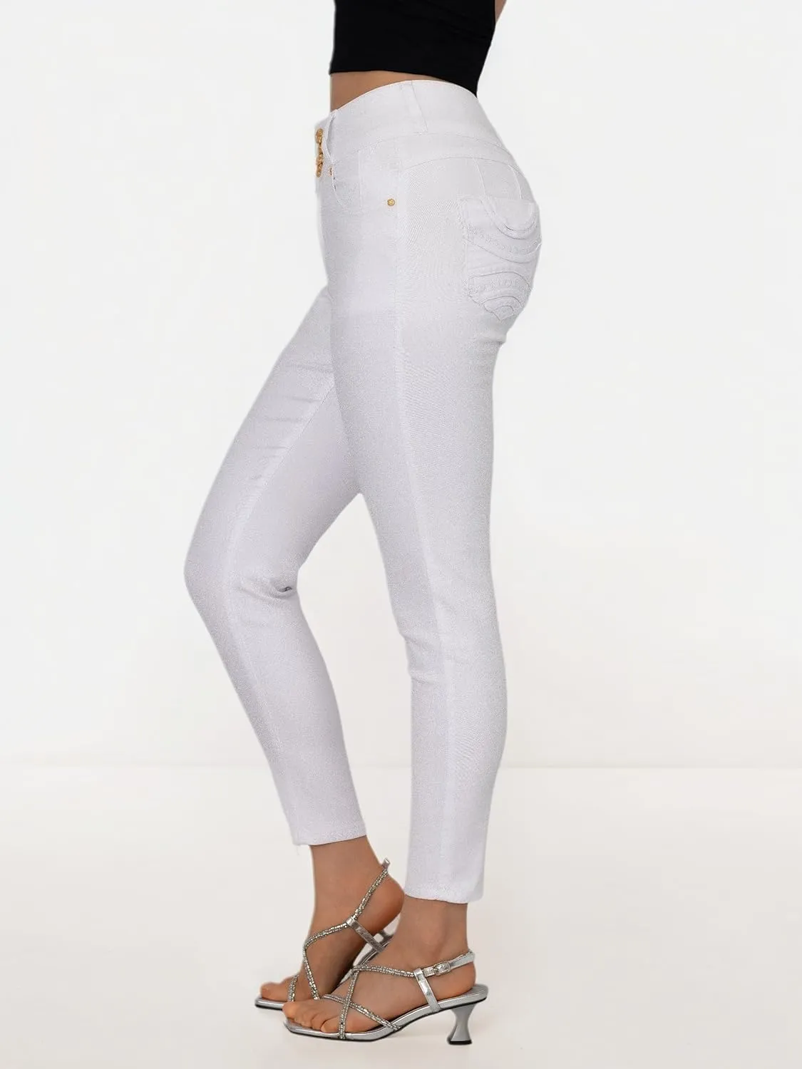 Women High Waist Back Pocket Embroidery Design Skinny Jeans with 4 Button Front, Stretch Denim Pants