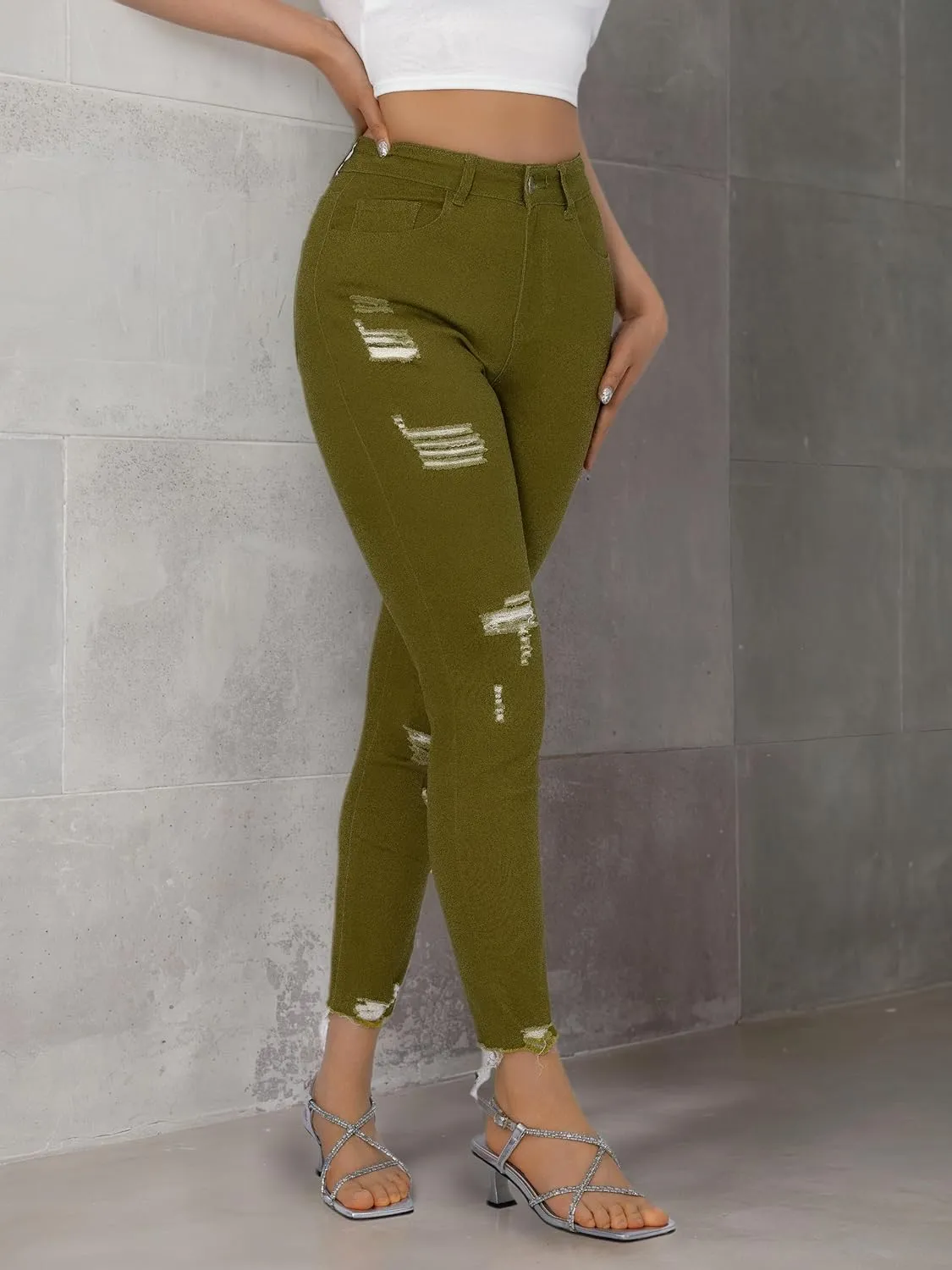 Women High Waist Back Pocket Embroidery Design Skinny Jeans with 4 Button Front, Stretch Denim Pants