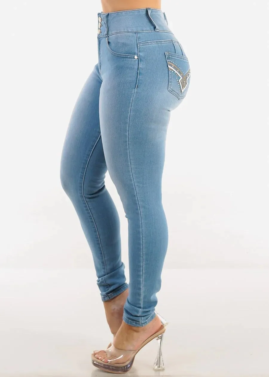 Women High Waist Back Pocket Embroidery Design Skinny Jeans with 4 Button Front, Stretch Denim Pants