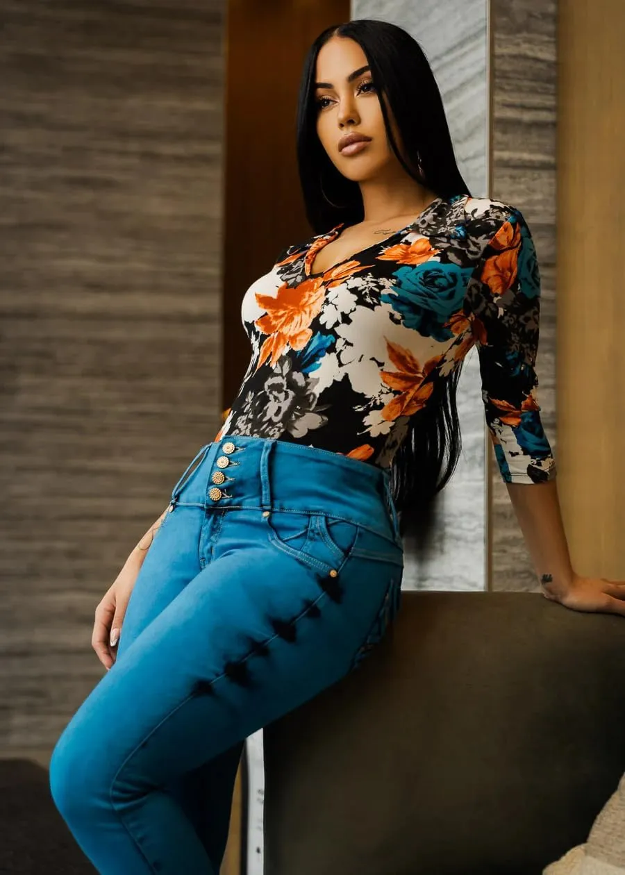 Women High Waist Back Pocket Embroidery Design Skinny Jeans with 4 Button Front, Stretch Denim Pants