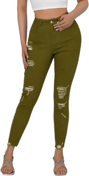 Women High Waist Back Pocket Embroidery Design Skinny Jeans with 4 Button Front, Stretch Denim Pants