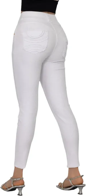 Women High Waist Back Pocket Embroidery Design Skinny Jeans with 4 Button Front, Stretch Denim Pants