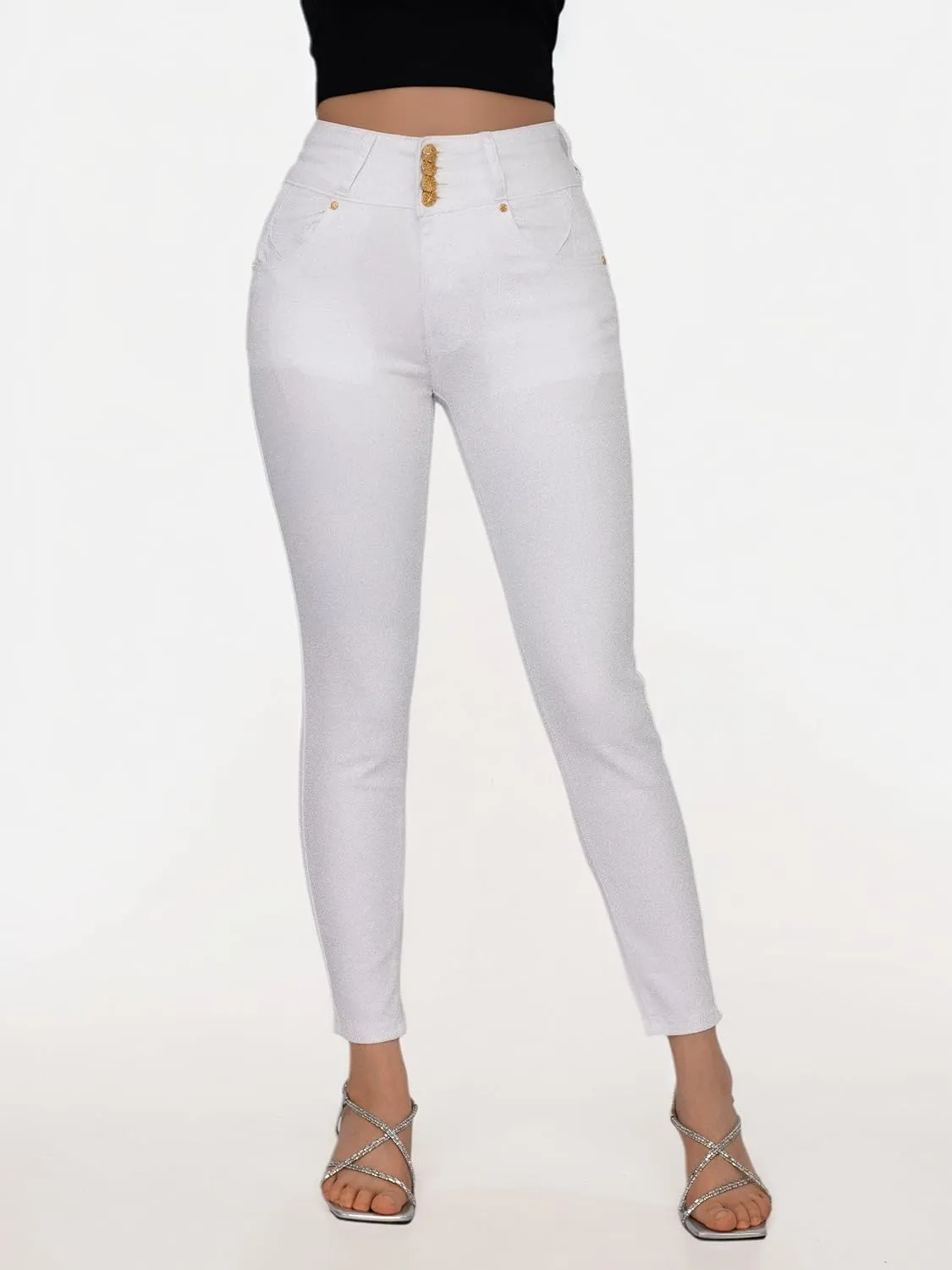 Women High Waist Back Pocket Embroidery Design Skinny Jeans with 4 Button Front, Stretch Denim Pants