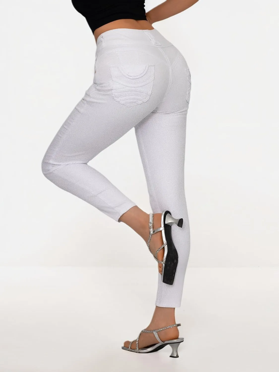 Women High Waist Back Pocket Embroidery Design Skinny Jeans with 4 Button Front, Stretch Denim Pants