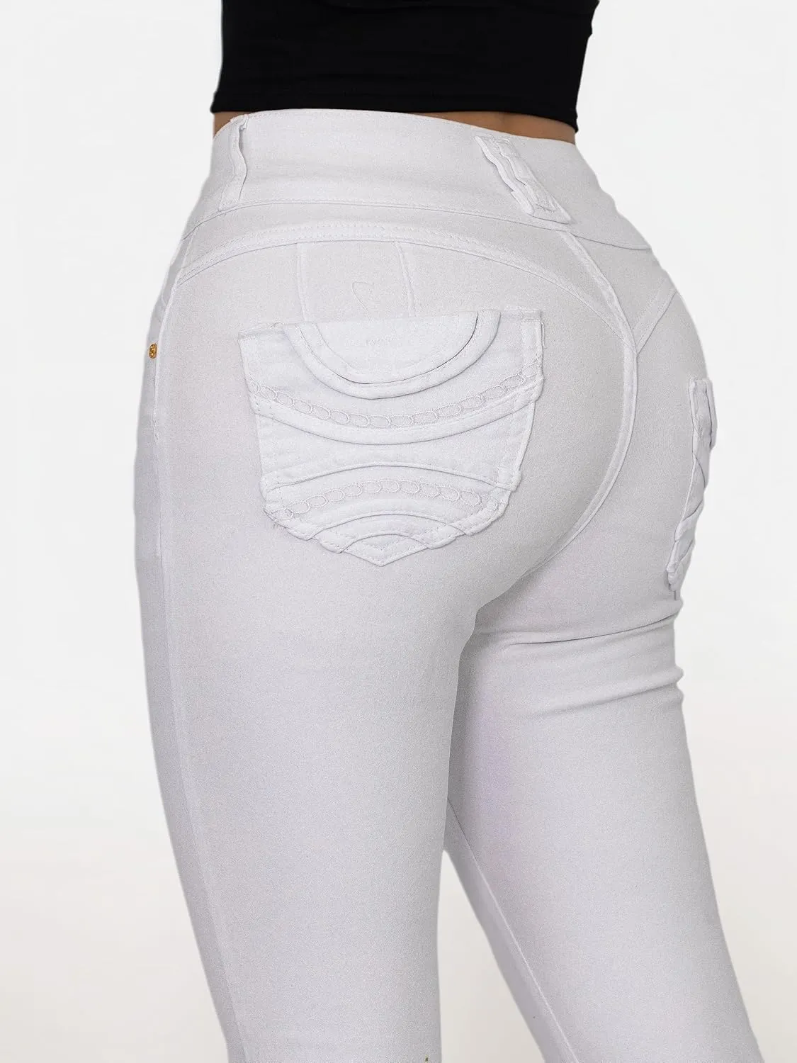 Women High Waist Back Pocket Embroidery Design Skinny Jeans with 4 Button Front, Stretch Denim Pants