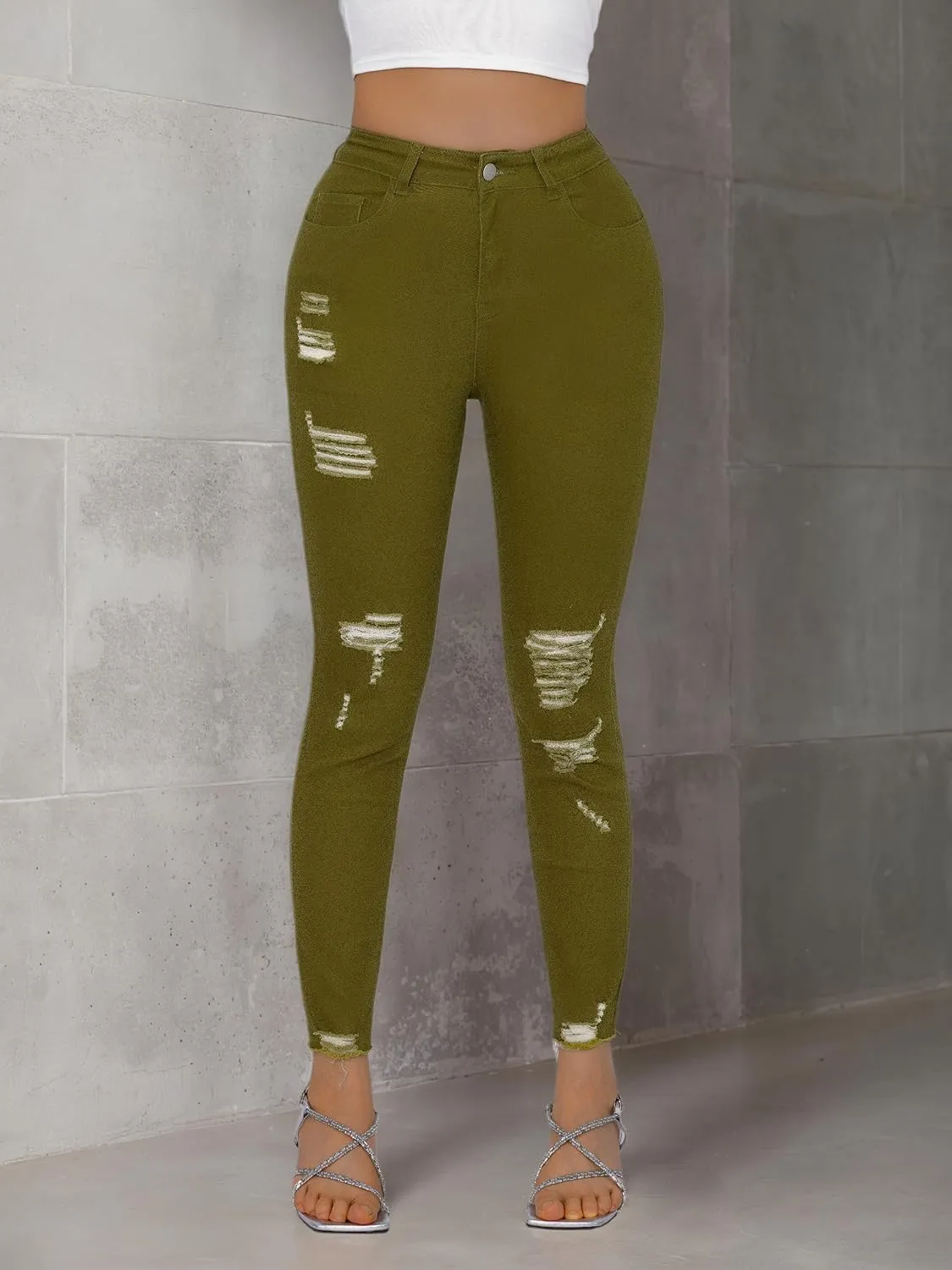 Women High Waist Back Pocket Embroidery Design Skinny Jeans with 4 Button Front, Stretch Denim Pants