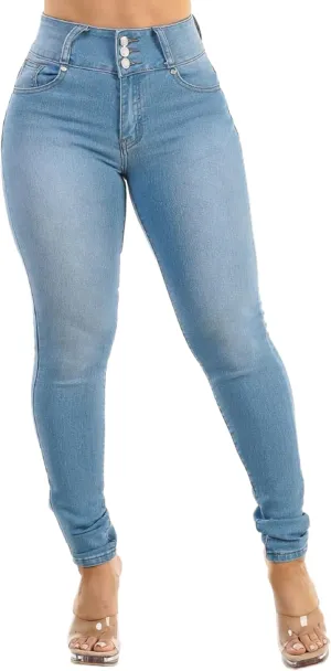 Women High Waist Back Pocket Embroidery Design Skinny Jeans with 4 Button Front, Stretch Denim Pants