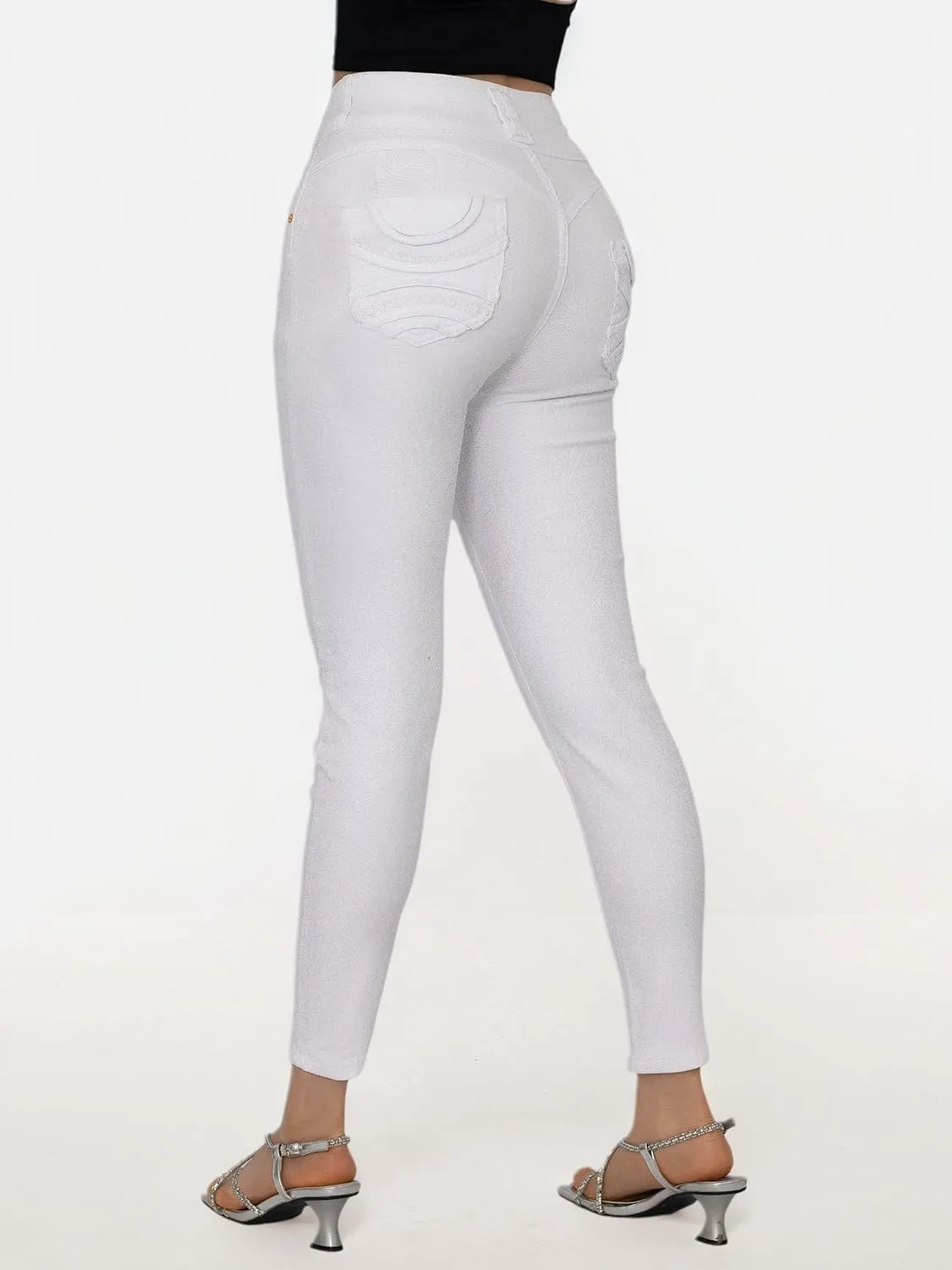 Women High Waist Back Pocket Embroidery Design Skinny Jeans with 4 Button Front, Stretch Denim Pants
