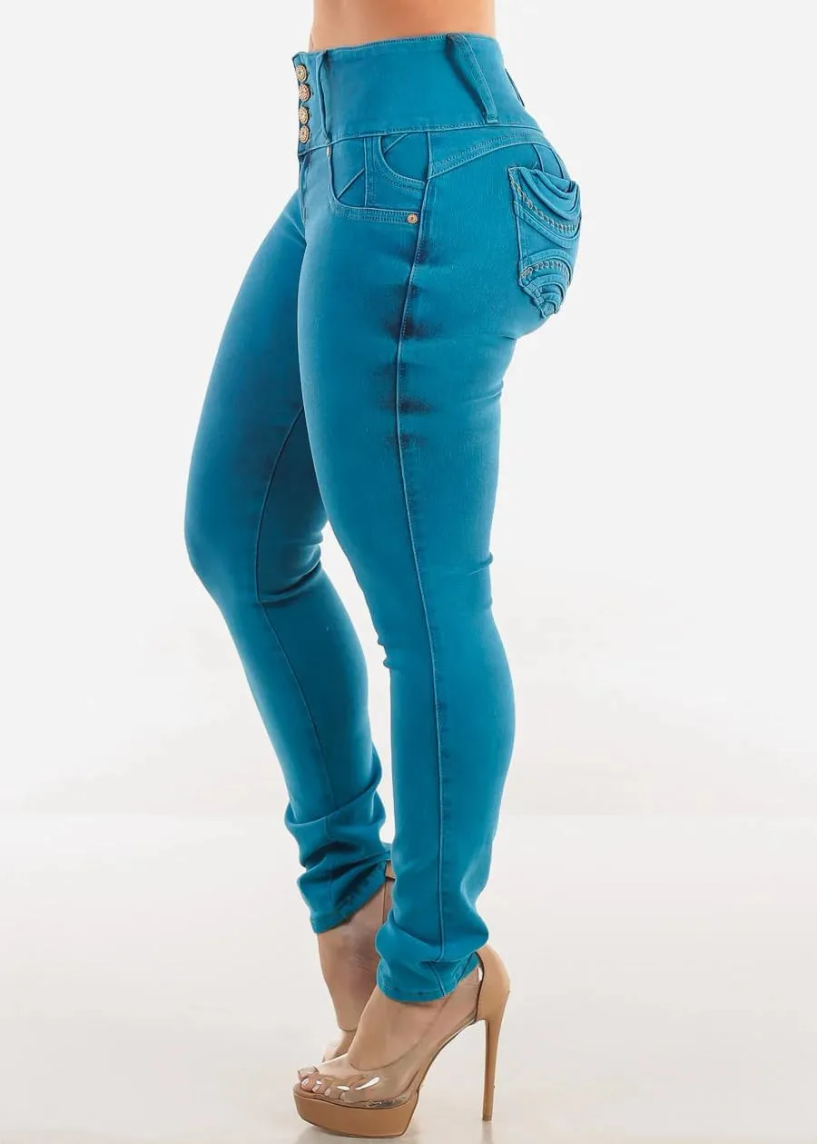 Women High Waist Back Pocket Embroidery Design Skinny Jeans with 4 Button Front, Stretch Denim Pants