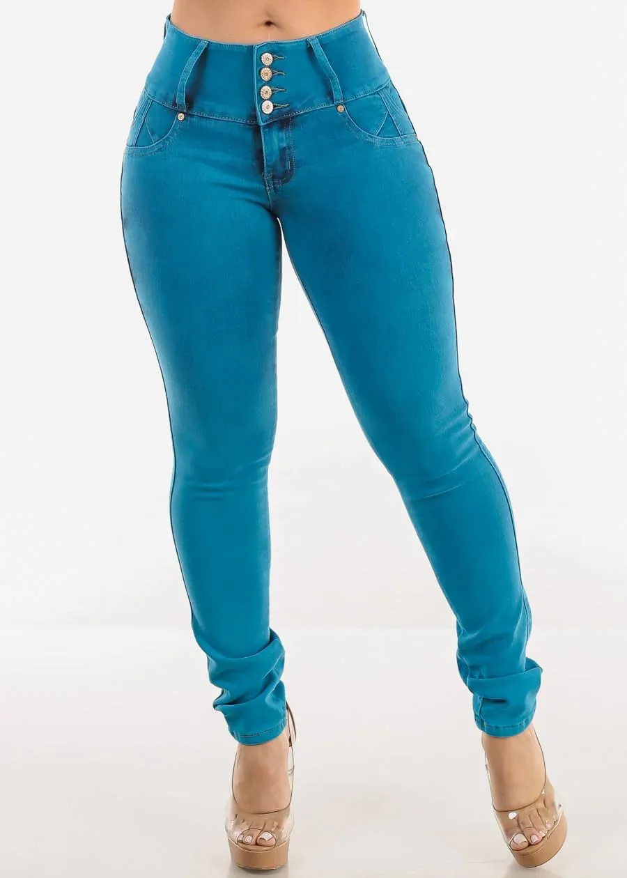 Women High Waist Back Pocket Embroidery Design Skinny Jeans with 4 Button Front, Stretch Denim Pants