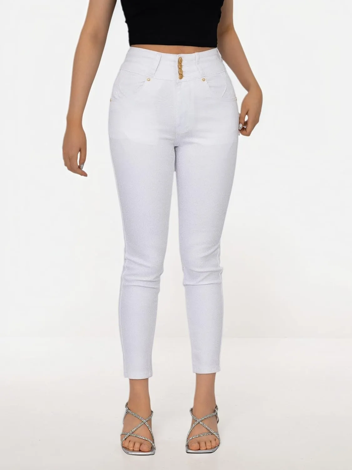 Women High Waist Back Pocket Embroidery Design Skinny Jeans with 4 Button Front, Stretch Denim Pants