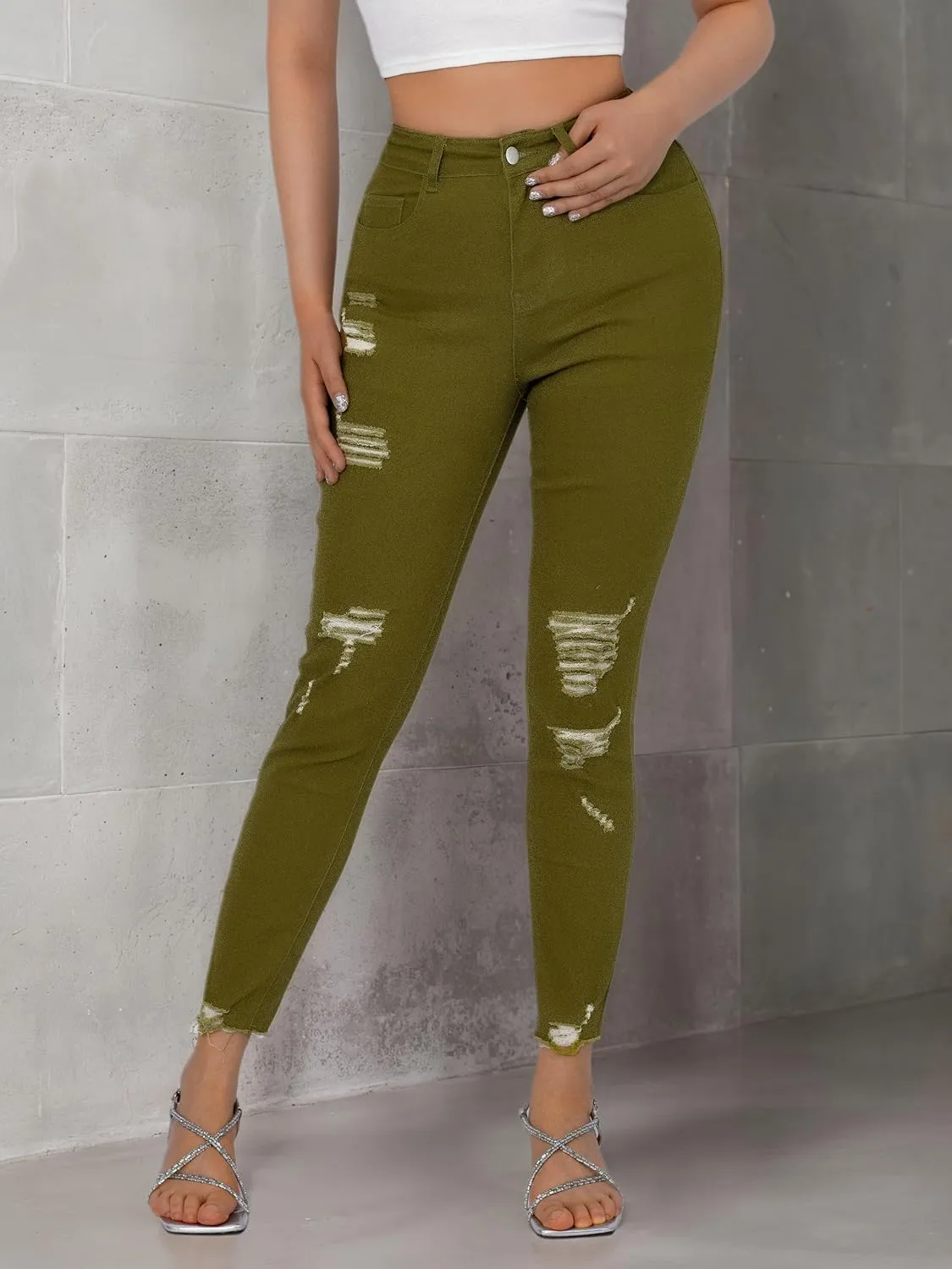 Women High Waist Back Pocket Embroidery Design Skinny Jeans with 4 Button Front, Stretch Denim Pants