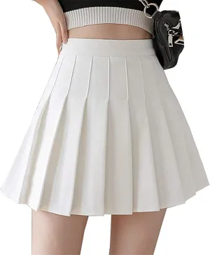 Women High Waisted Pleated Skirt Plain A-line Mini Skater Tennis Skirt School Uniform Skirts with Shorts for Girls (White,Small)