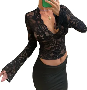 Women Lace Long Sleeve Shirt Sexy Deep V Neck See Through Crop Top Y2k Slim Fit Sheer Mesh Going Out Blouse