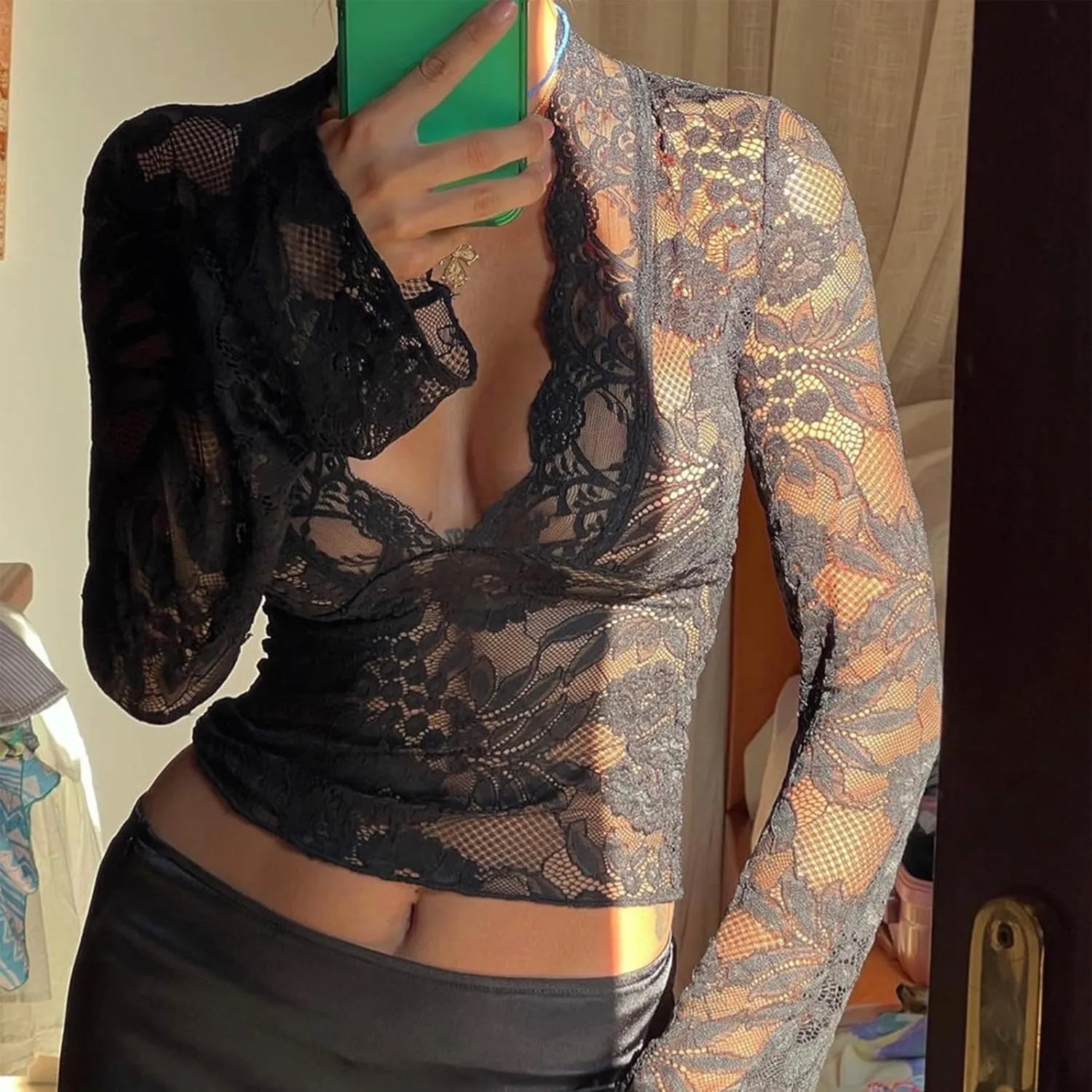 Women Lace Long Sleeve Shirt Sexy Deep V Neck See Through Crop Top Y2k Slim Fit Sheer Mesh Going Out Blouse