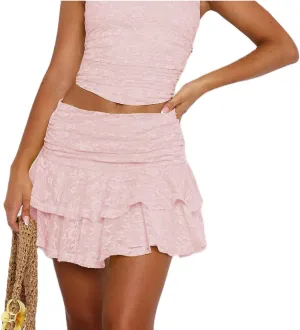 Women Lace Mini Skirt Y2K Ruffle Low Waist Layered Pleated Flowy Skirt Sheer Mesh Half Slip Mini Skirt