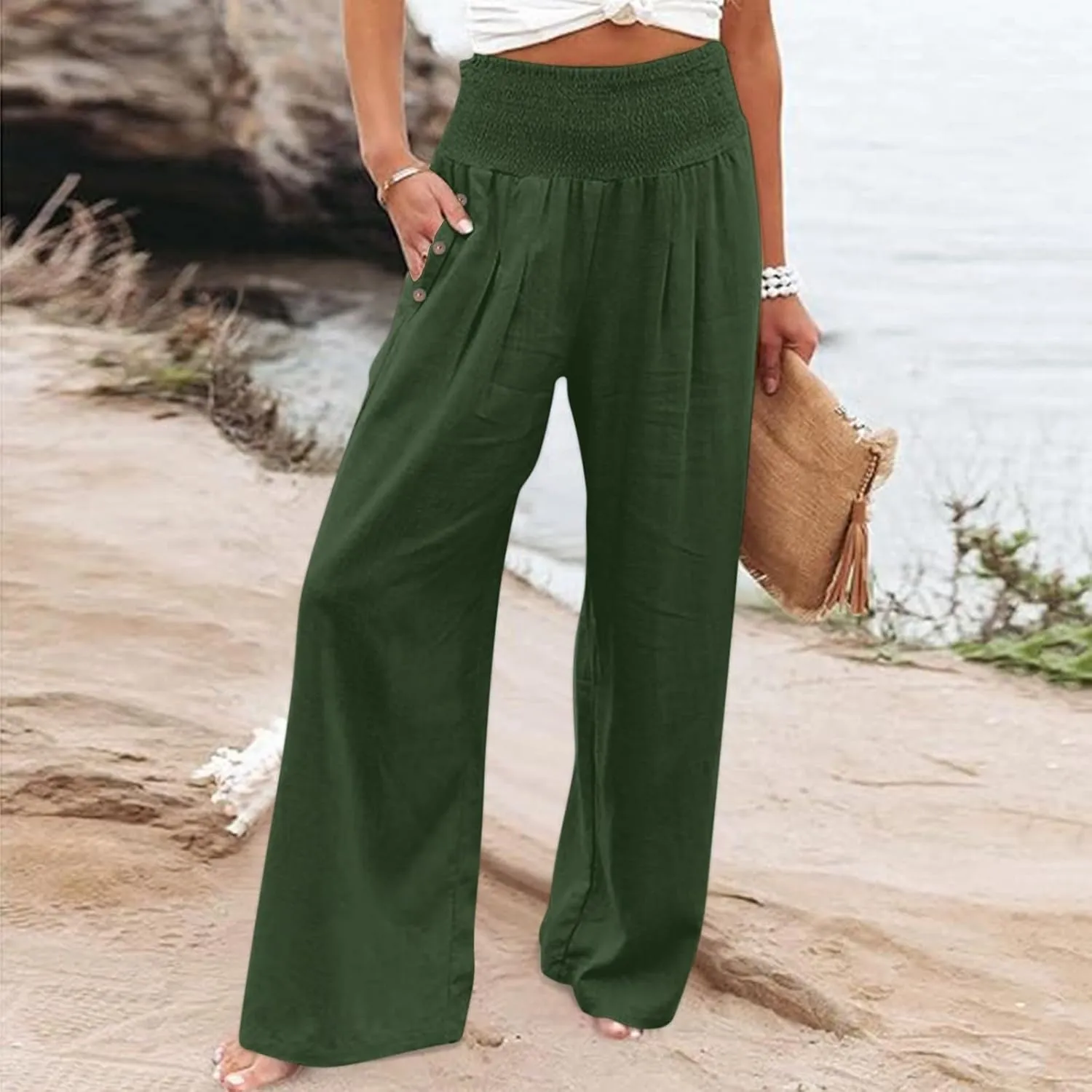 Women Linen Palazzo Pants Wide Leg High Waist Lounge Spring Casual Boho Trousers Travel Vacation Outfit with Pocket