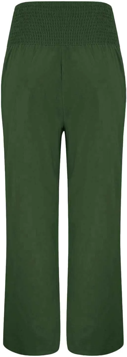 Women Linen Palazzo Pants Wide Leg High Waist Lounge Spring Casual Boho Trousers Travel Vacation Outfit with Pocket