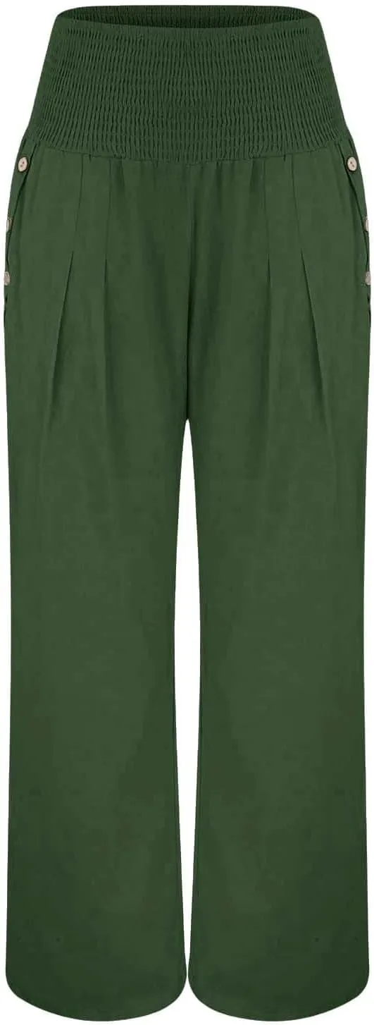 Women Linen Palazzo Pants Wide Leg High Waist Lounge Spring Casual Boho Trousers Travel Vacation Outfit with Pocket