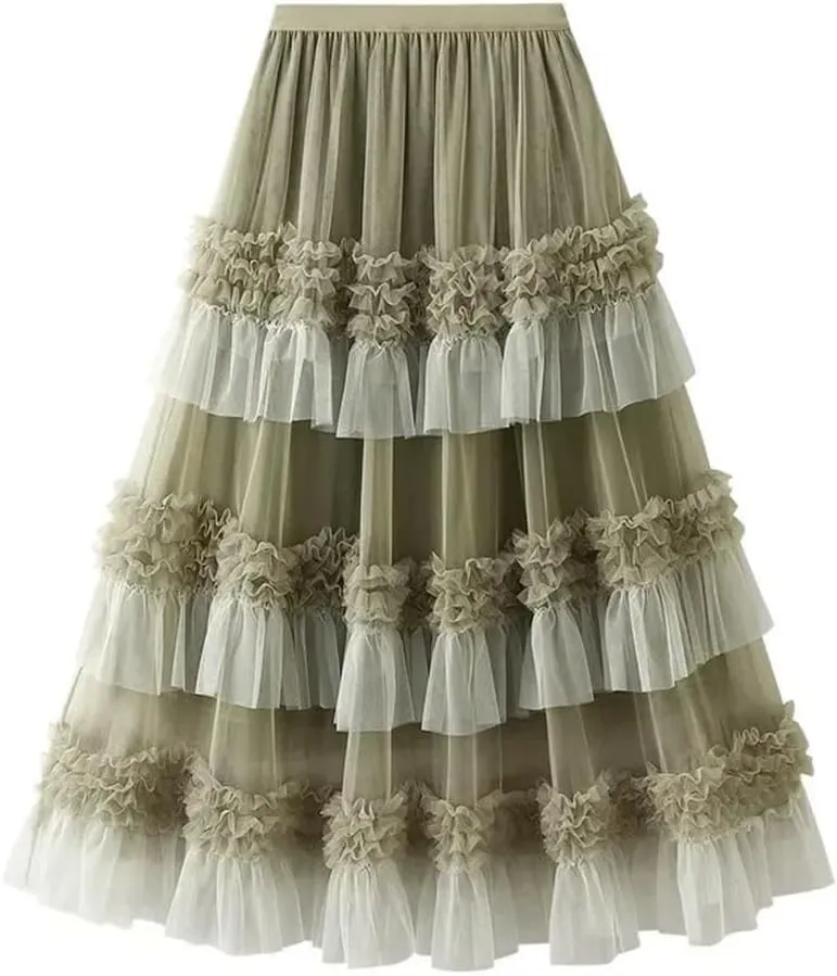 Women Loose FIT Big Swing Yarn Sweet Lace Pleated Edge Skirt