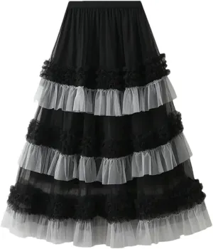 Women Loose FIT Big Swing Yarn Sweet Lace Pleated Edge Skirt