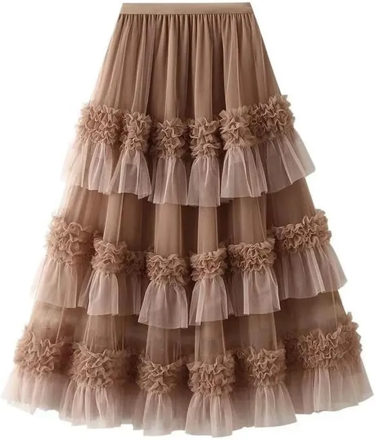 Women Loose FIT Big Swing Yarn Sweet Lace Pleated Edge Skirt