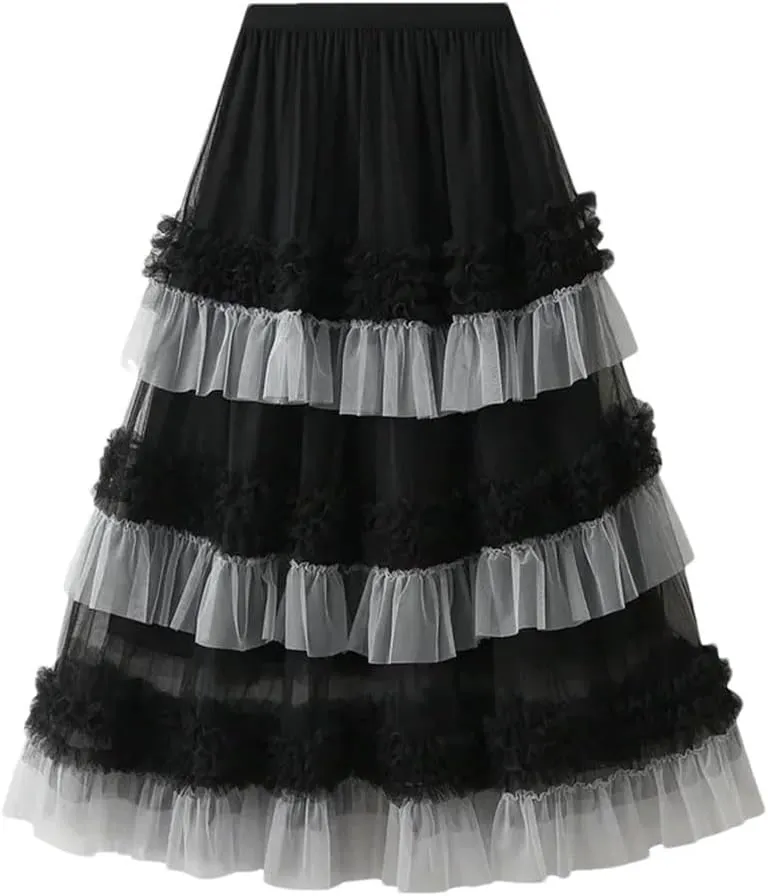 Women Loose FIT Big Swing Yarn Sweet Lace Pleated Edge Skirt