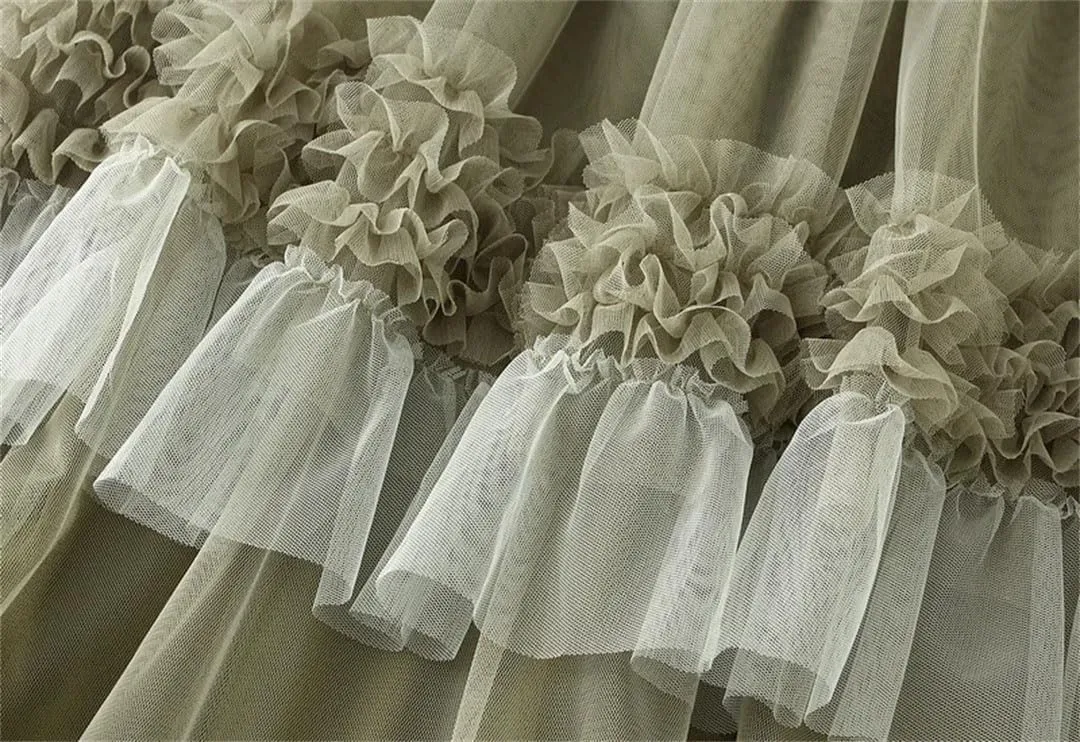 Women Loose FIT Big Swing Yarn Sweet Lace Pleated Edge Skirt