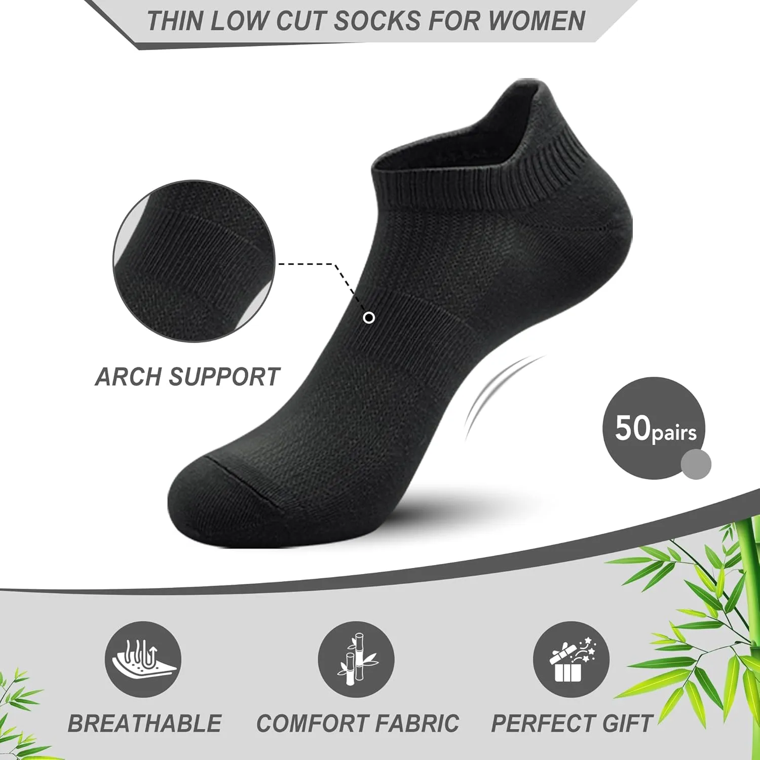 Women No Show Viscose Bamboo Socks Arch Support Thin Low Cut Bulk Breathable Soft Family Wholesale 50 Pairs
