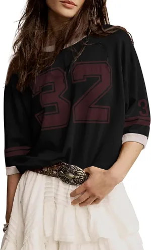 Women Oversized Graphic Print Short Sleeve T-Shirts Crewneck Color Block Shirts Casual Loose Fit 2024 Summer Tee Tops